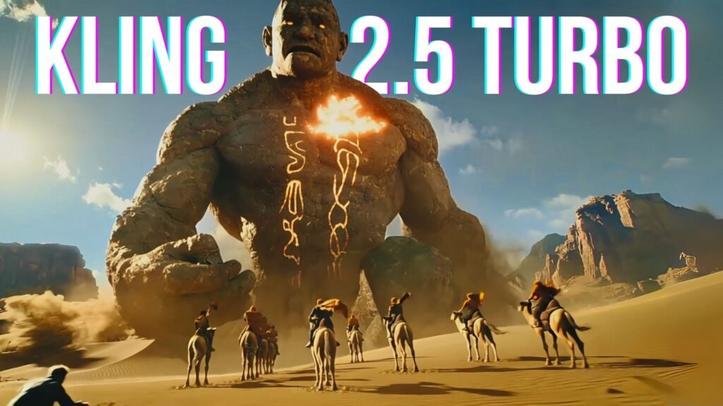Kling 2.5 Turbo desert scene with flaming stone titan and riders