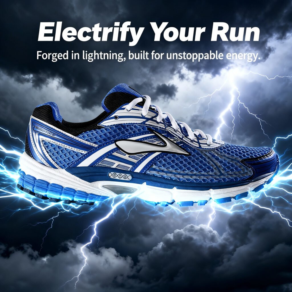 The New Qwen 2509 Image Generator: Can It Beat Nano Banana and Seedream 4.0? Let’s Find Out. 36 Blue running shoe with lightning bolts and stormy sky in background