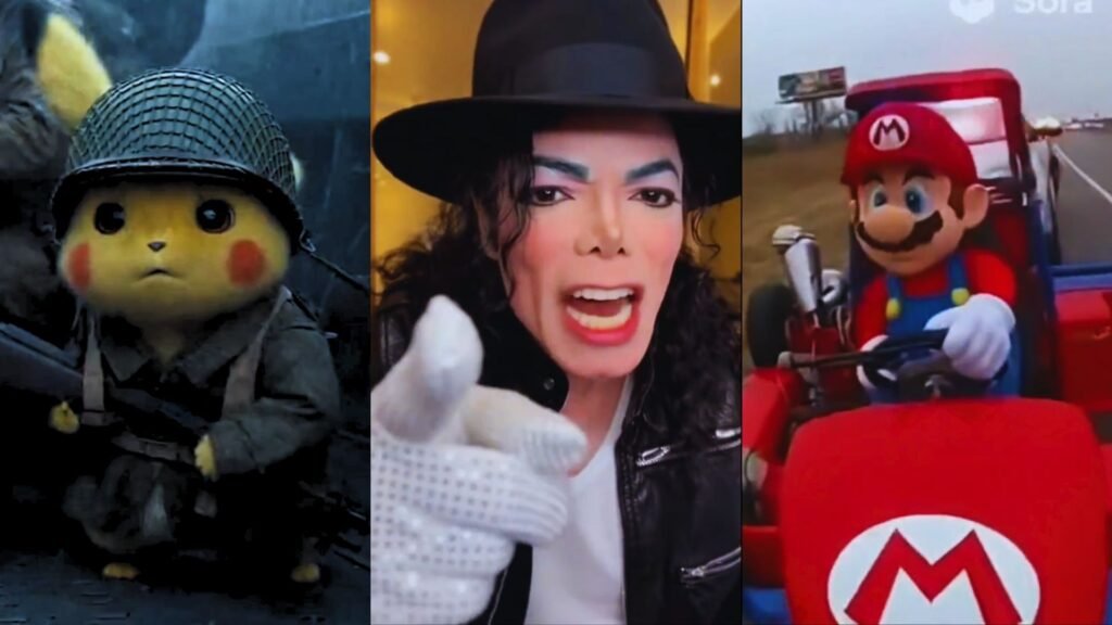 Pikachu soldier Michael Jackson impersonator and Mario karting side-by-side