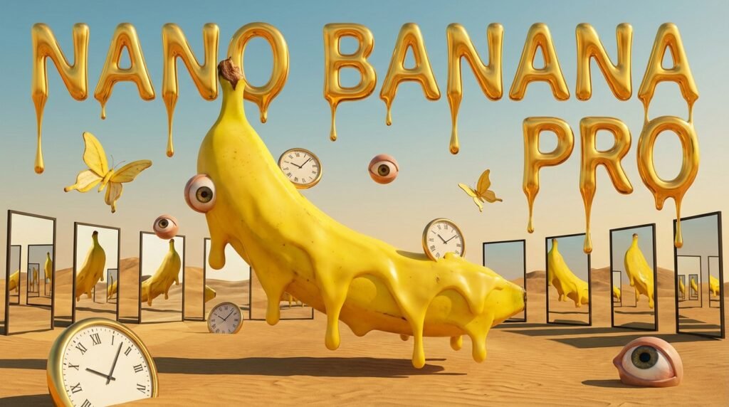 Nano Banana 2 Is Out Now: Google's Visual AI Hits Gemini App 6 Melting banana with clocks eyes butterflies and mirrors in desert setting