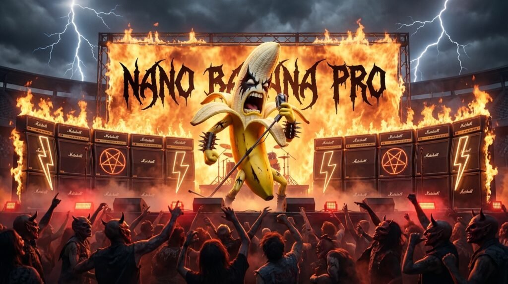 Nano Banana 2 Is Out Now: Google's Visual AI Hits Gemini App 7 Angry banana character rocks on fiery stage with cheering monster crowd