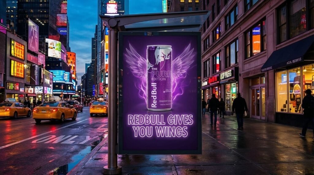 18 Nano Banana Pro Examples and Prompts to Level Up Your Creativity! You Don’t Want to Miss This! 6 Red Bull Purple Edition ad at Times Square bus stop