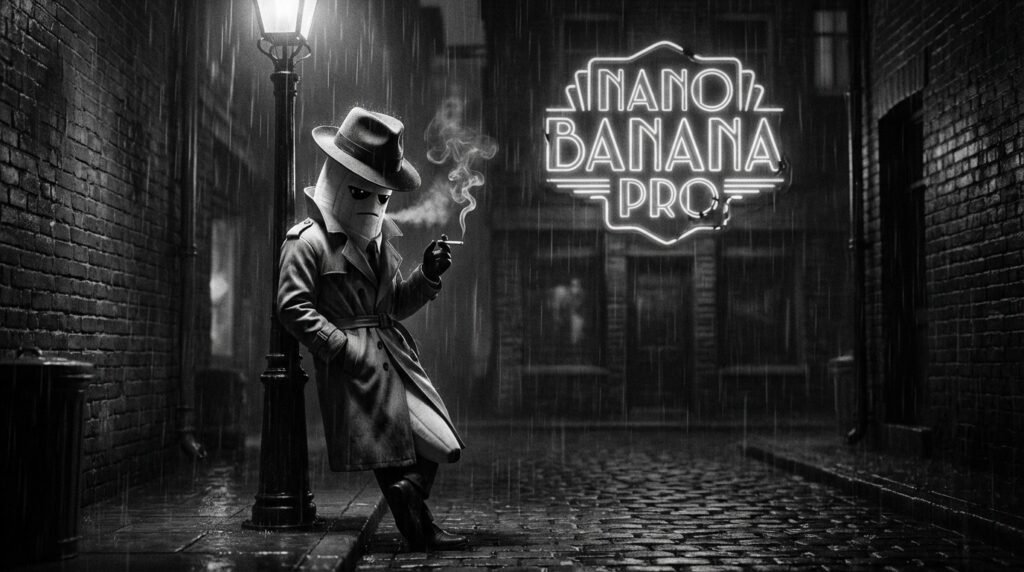 Nano Banana 2 Is Out Now: Google's Visual AI Hits Gemini App 3 Banana detective in trench coat under rain near glowing Nano Banana Pro sign