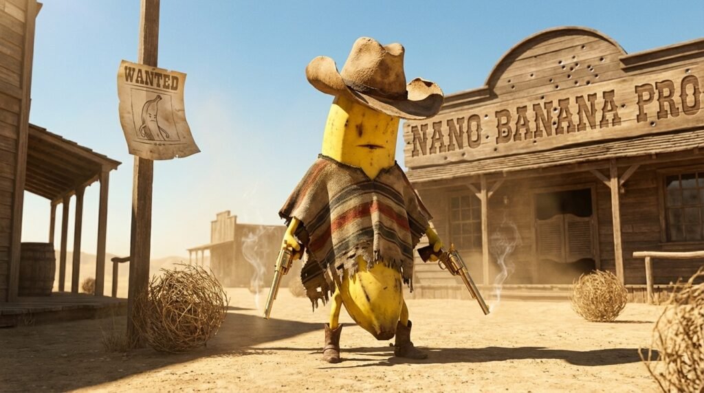 Nano Banana 2 Is Out Now: Google's Visual AI Hits Gemini App 5 Cowboy banana stands in wild west town with wanted poster and revolvers