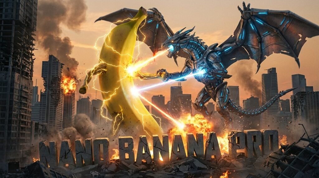 Nano Banana 2 Is Out Now: Google's Visual AI Hits Gemini App 1 Giant banana battles robotic dragon amid city ruins and explosive destruction