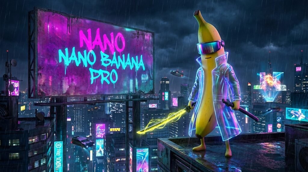Nano Banana 2 Is Out Now: Google's Visual AI Hits Gemini App 2 Cyberpunk banana with neon sword stands on rooftop above futuristic city