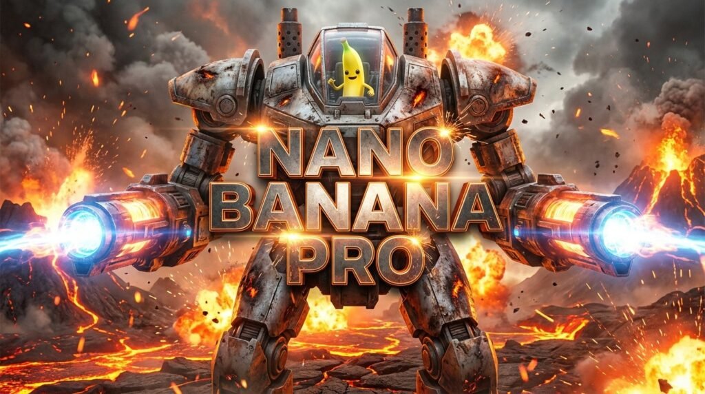 Nano Banana 2 Is Out Now: Google's Visual AI Hits Gemini App 4 Banana piloting massive mech suit fires energy blasts in volcanic battlefield