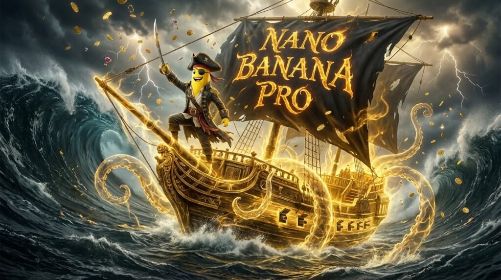 Pirate banana sails stormy seas on golden ship with Nano Banana 2 Pro banner