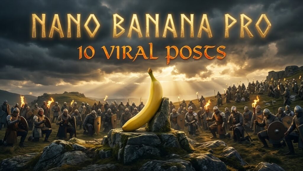 Giant glowing banana monument labeled Nano Banana Pro at city sunrise
