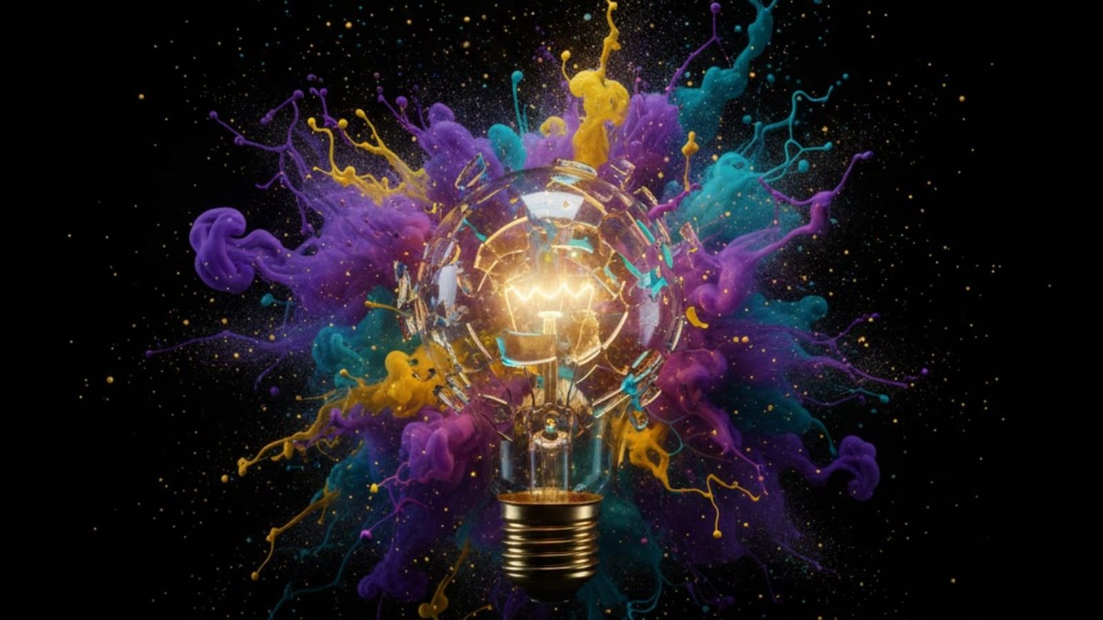 Made for Brands: Best Creative Services with AI Enhancements 2 Colorful paint explosion inside shattered glowing lightbulb on dark background