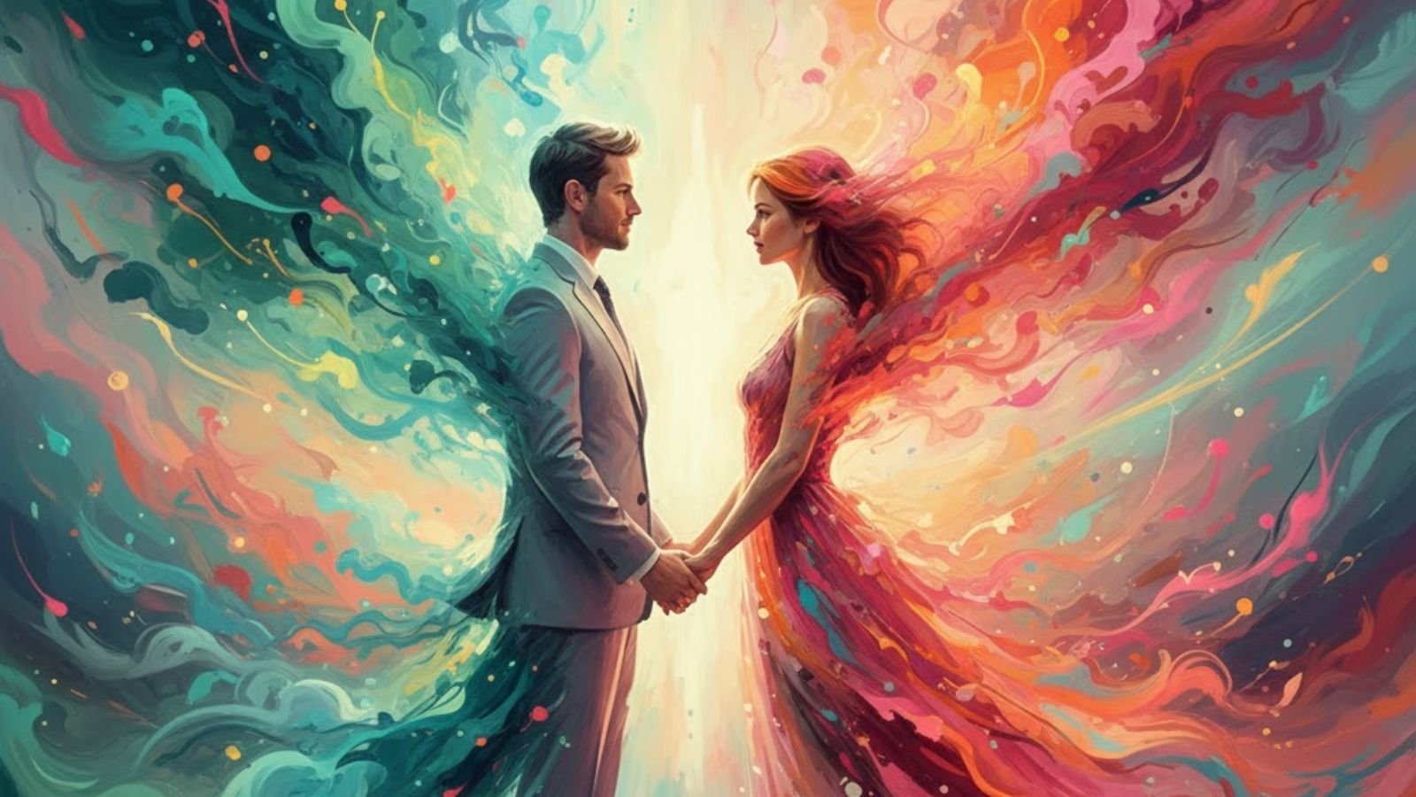 Made for Brands: Best Creative Services with AI Enhancements 3 A man and woman holding hands, facing each other surrounded by expressive, colorful brushstroke textures