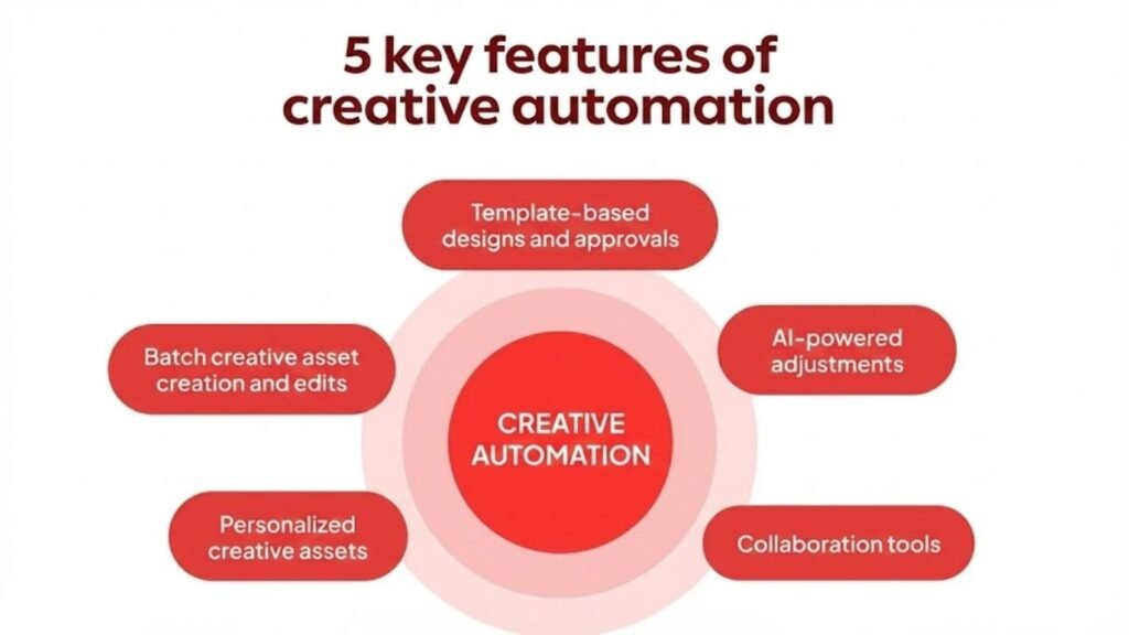 AI Marketing Automation Agencies Are Changing the Game. You Gotta See This! 3 5 creative automation features in red bubble-style infographic layout