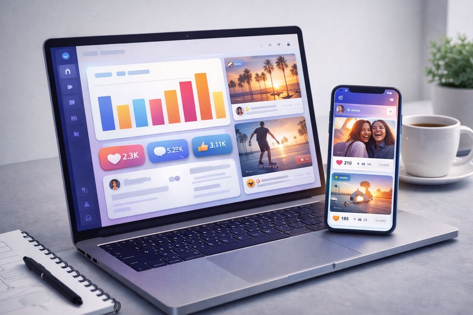 The Social Media Agency in Los Angeles Behind Fast-Growing Brands 5 Laptop and smartphone showing social media analytics dashboard and content feed