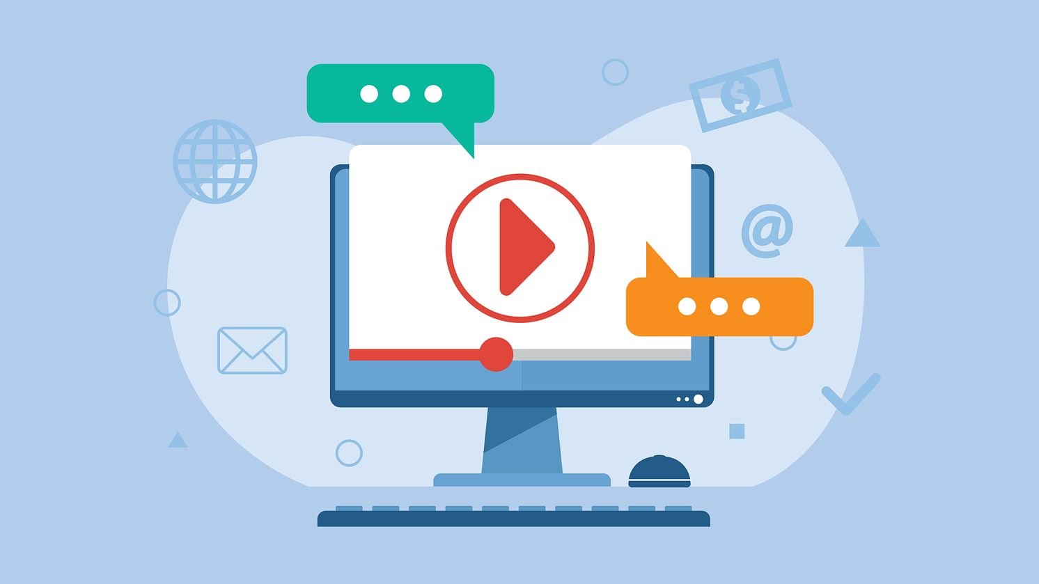 Read This Before You Boost Another Post: Digital Marketing and Advertising Services for Small Businesses That Win Customers 5 “Flat-style illustration of a desktop computer playing a video, with a red play button on the screen, chat message bubbles around it, and digital marketing icons like email, globe, and currency symbols in the background.