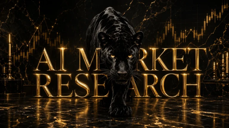 AI tools for market research 2026 luxury cover, black panther with gold market charts and serif title