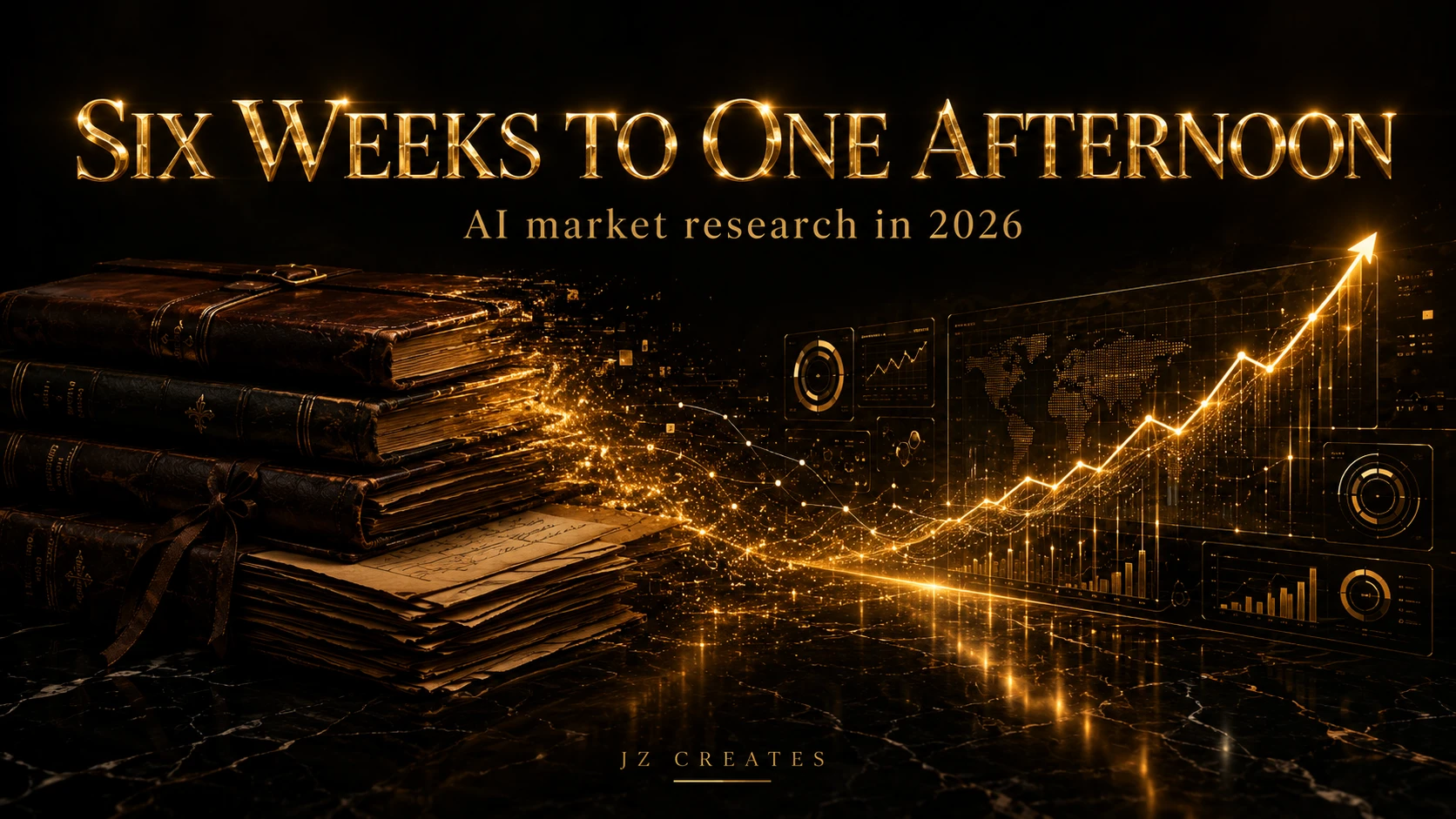 The Best AI Tools for Market Research in 2026: We Tested Them So You Don't Have To! 1 Six weeks to one afternoon: old research dossiers dissolving into a glowing gold AI market research dashboard