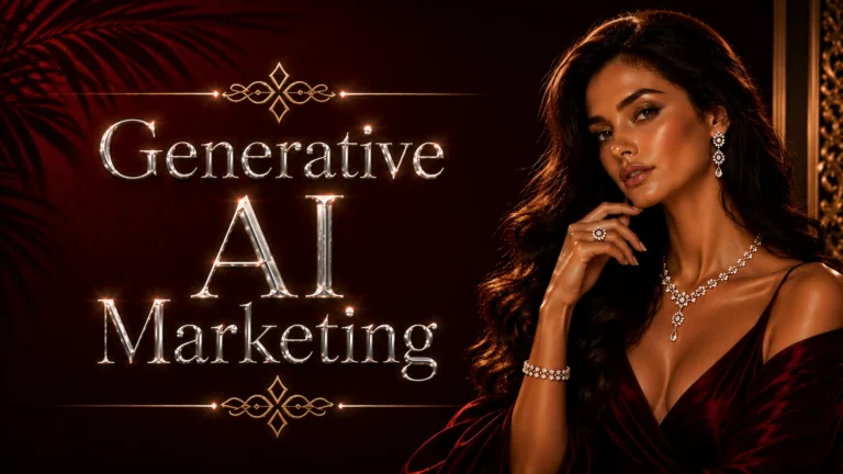 Generative AI marketing 2026 luxury Dior-style cover, model with diamond jewelry on burgundy