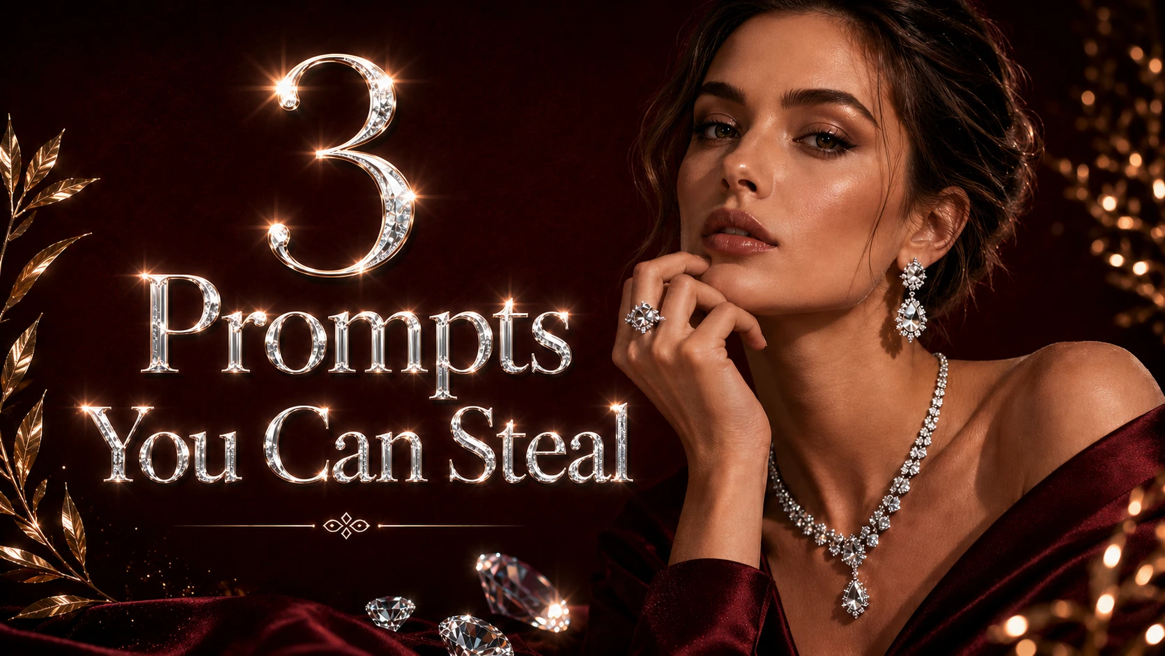 Generative AI Marketing in 2026: Scale Content That Looks Premium 3 Generative AI marketing prompts shown in a luxury burgundy and diamond setting