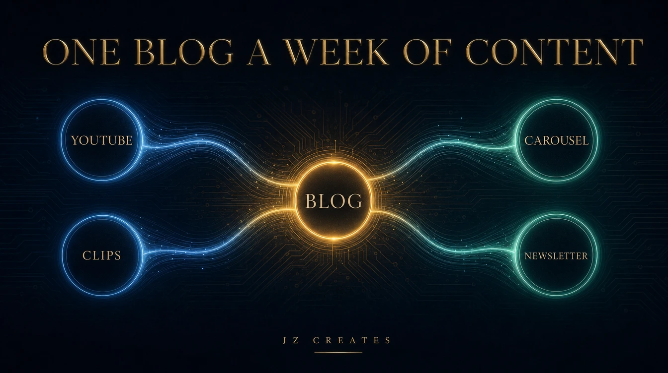 AI Social Media Automation in 2026: How We Turn One Blog Into a Week of Content 1 One blog becomes a week of content: a source node branching to YouTube, clips, carousel, and newsletter through AI social media automation