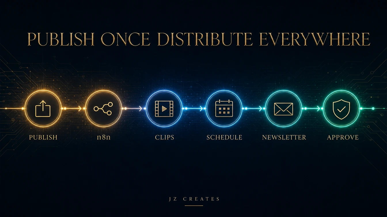 AI Social Media Automation in 2026: How We Turn One Blog Into a Week of Content 2 The AI social media automation workflow: publish, n8n, clips, schedule, newsletter, approve