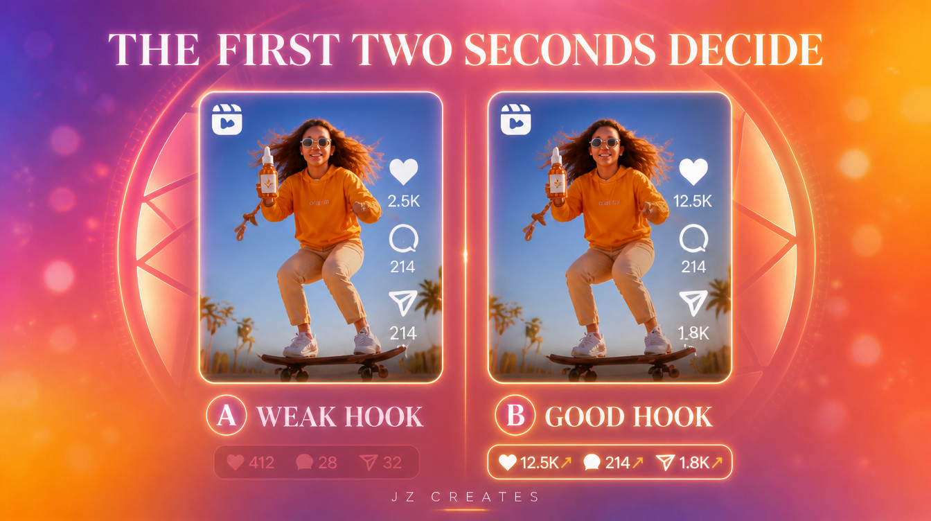 AI Instagram Content That Actually Stops the Scroll 1 The first two seconds decide, a side by side comparison of a weak hook Reel and a good hook Reel with different engagement numbers
