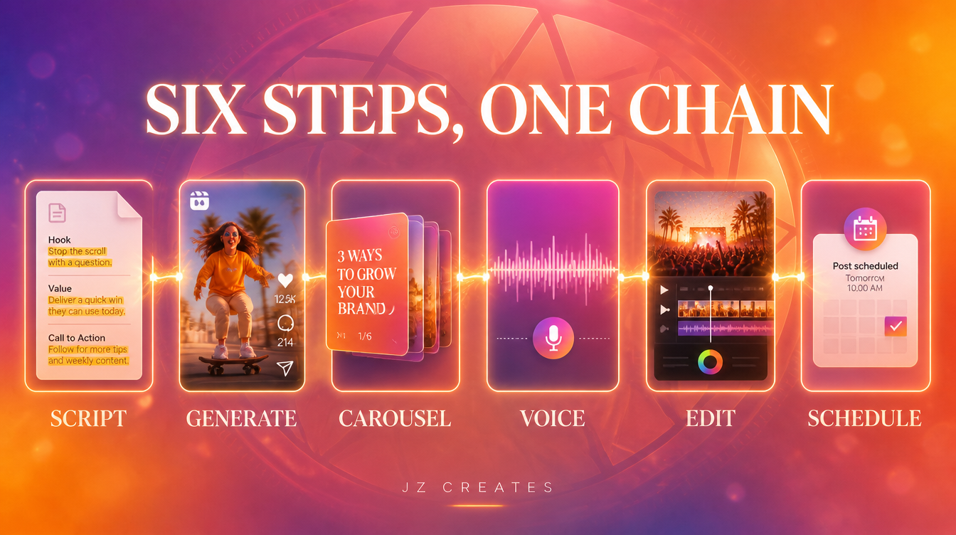 AI Instagram Content That Actually Stops the Scroll 2 Six steps, one chain, a cinematic relay of six connected content tiles showing script, generate, carousel, voice, edit, and schedule