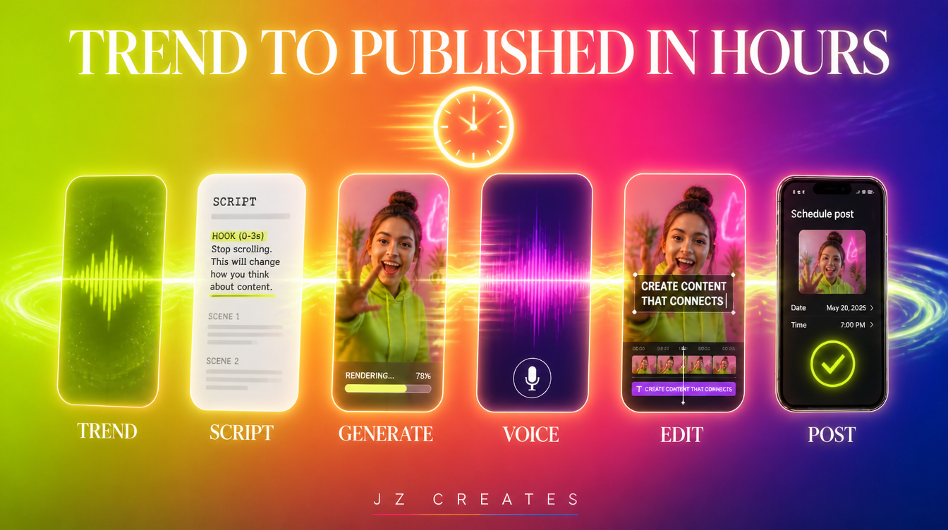 AI TikTok Video: A Playbook That Doesn't Look Like AI 2 Trend to published in hours, a relay of six connected steps from spotting a trend to a scheduled post