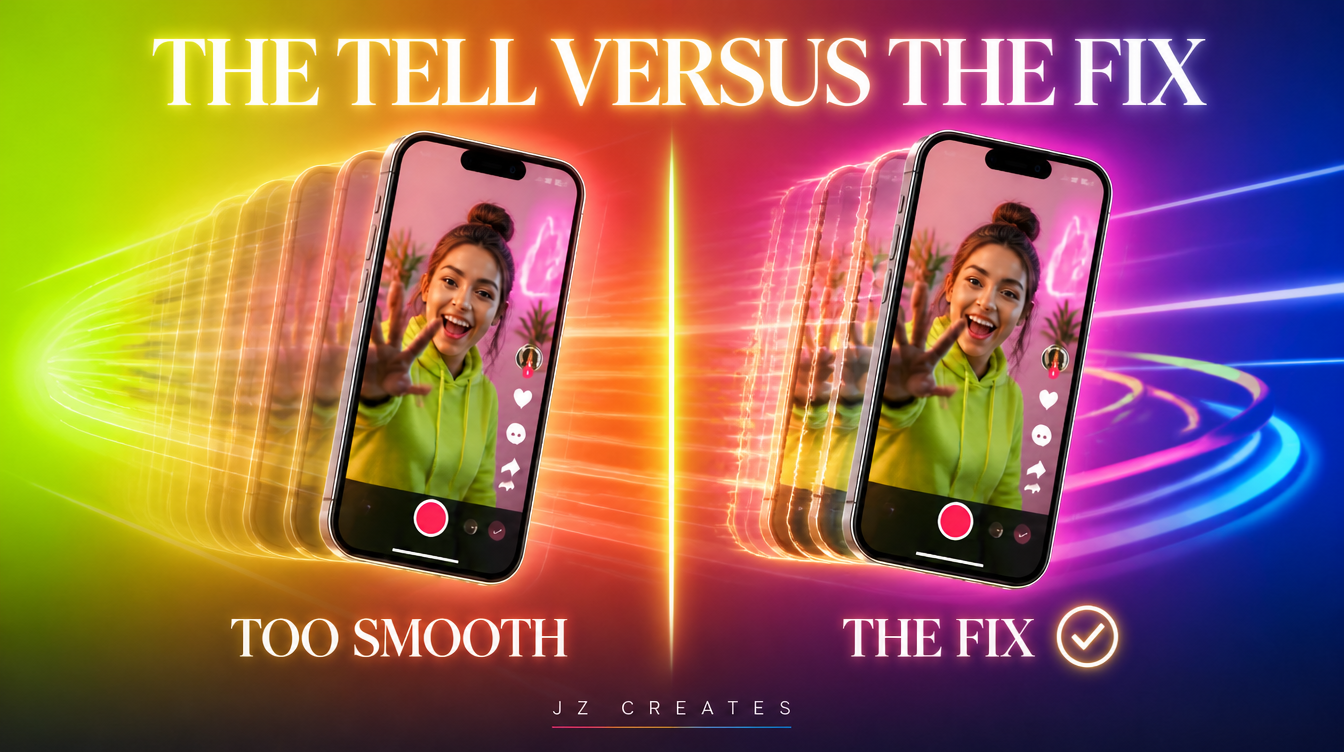 AI TikTok Video: A Playbook That Doesn't Look Like AI 1 The tell versus the fix, a side by side comparison of a too smooth AI clip and a clip with real intentional friction added back in