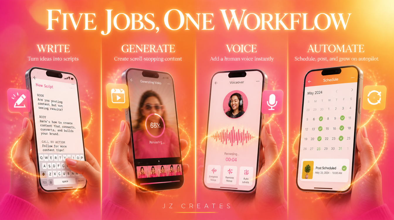 The Best AI Tools for Social Media in 2026 (What We Actually Use) 1 Five jobs one workflow, a cinematic four panel breakdown of the AI social media content stack: write, generate, voice, and automate