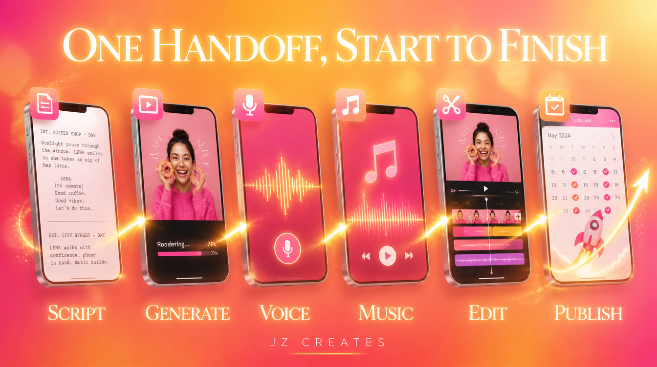 The Best AI Tools for Social Media in 2026 (What We Actually Use) 2 One handoff start to finish, a cinematic chain of six connected phone screens showing script, generate, voice, music, edit, and publish
