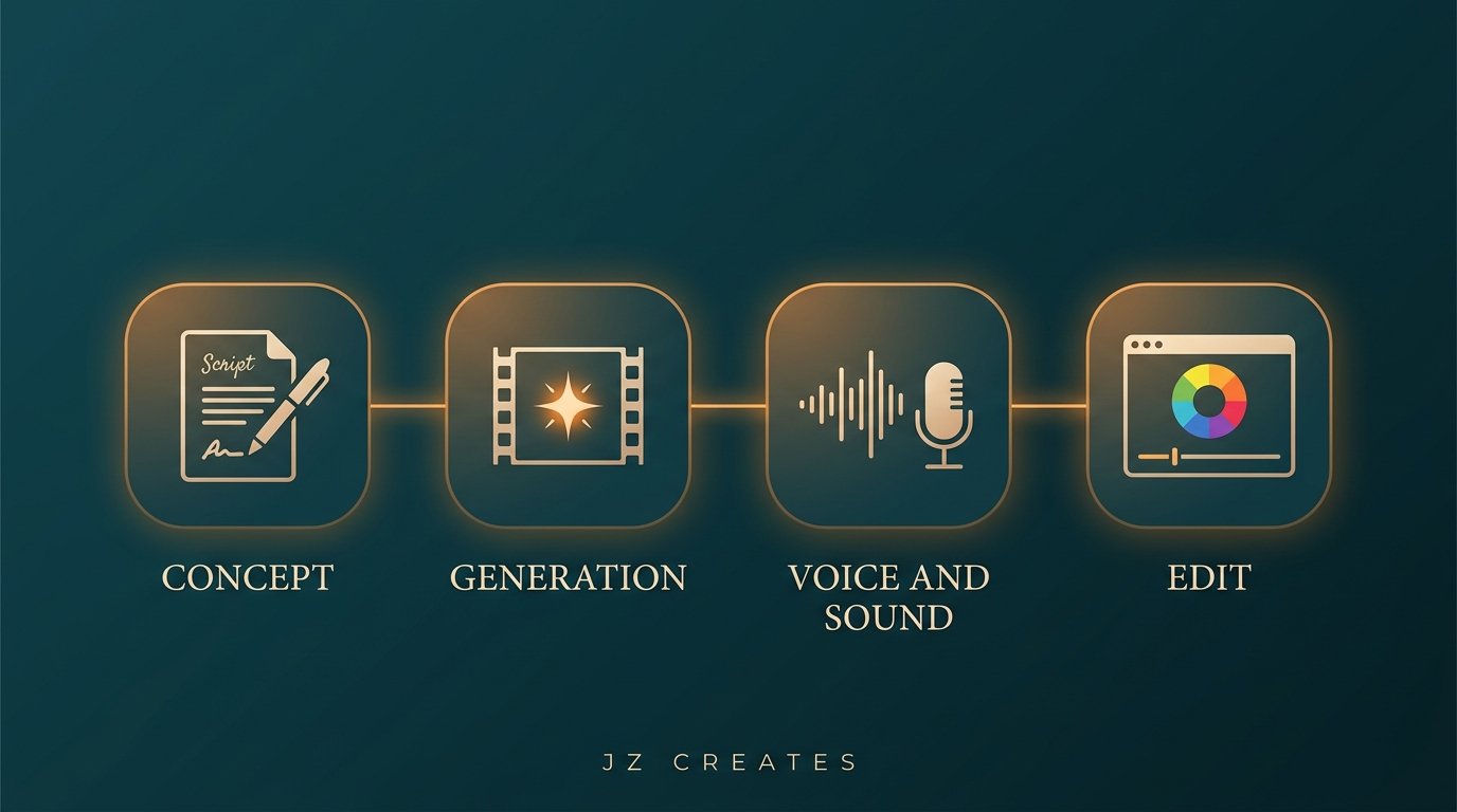 AI Video Production in 2026: A Creative Agency Playbook 1 The AI video production workflow: concept, generation, voice and sound, and edit shown as a connected pipeline