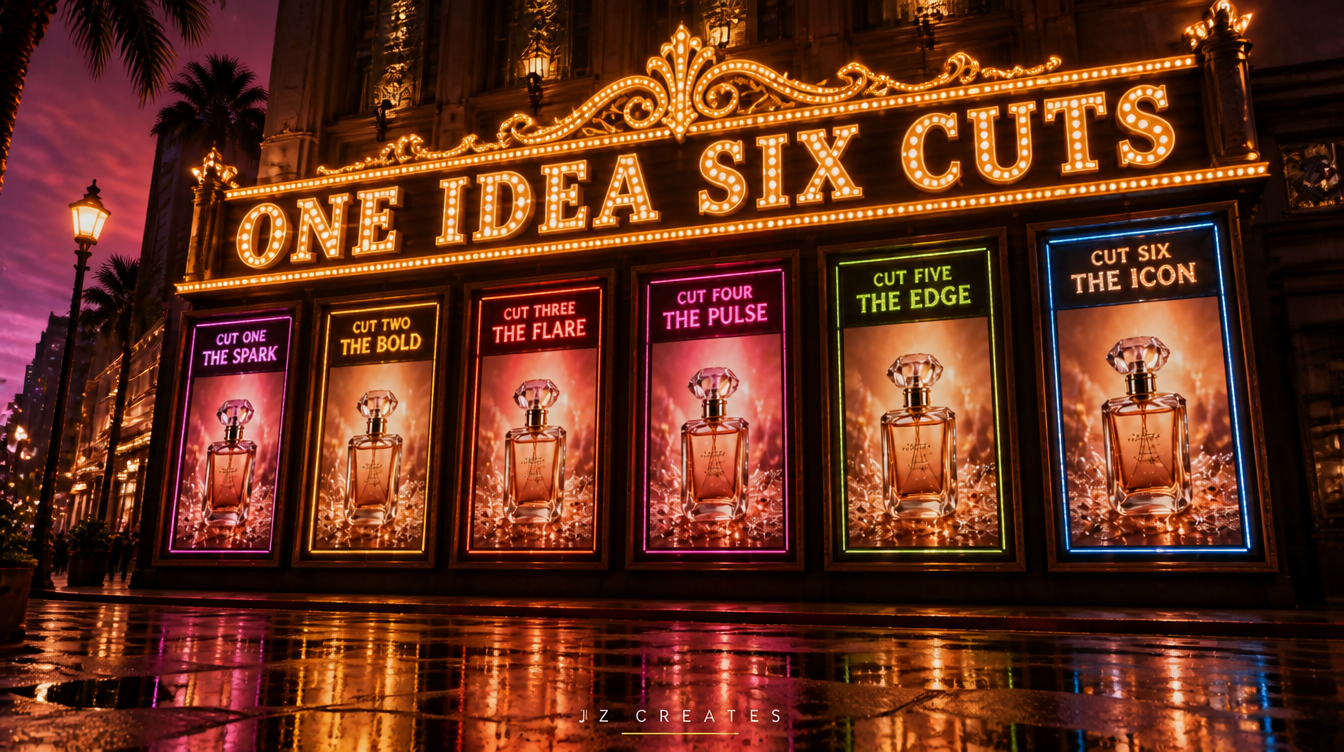 AI Marketing Videos: 9 Examples That Actually Convert 2 One master ad concept split into six audience specific video variations shown as a row of glowing screens