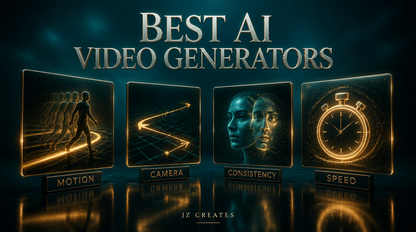 Best AI Video Generators in 2026 (Tested on Real Brand Work) 1 Four glowing panels showing the criteria used to evaluate AI video generators: motion realism, prompt adherence, consistency, and speed