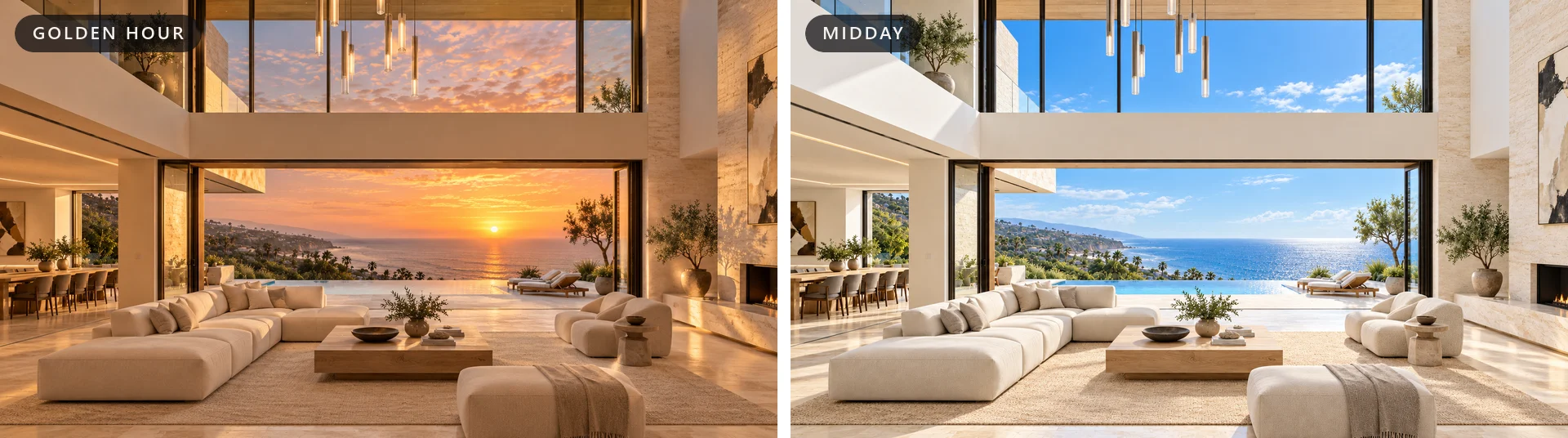AI Architectural Rendering for Homes That Don't Exist Yet: See the $50M Estate We Built! 2 The same Coastal Residence great room rendered with AI at golden hour and at midday