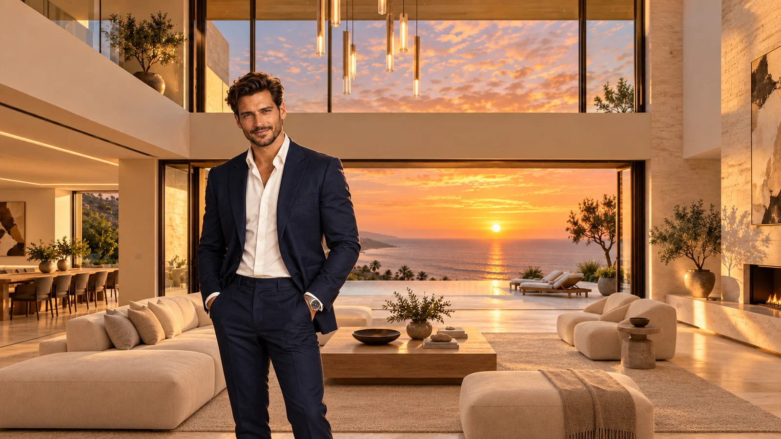 AI Architectural Rendering for Homes That Don't Exist Yet: See the $50M Estate We Built! 1 Mark, the AI listing agent, standing in the Coastal Residence great room created with AI architectural rendering