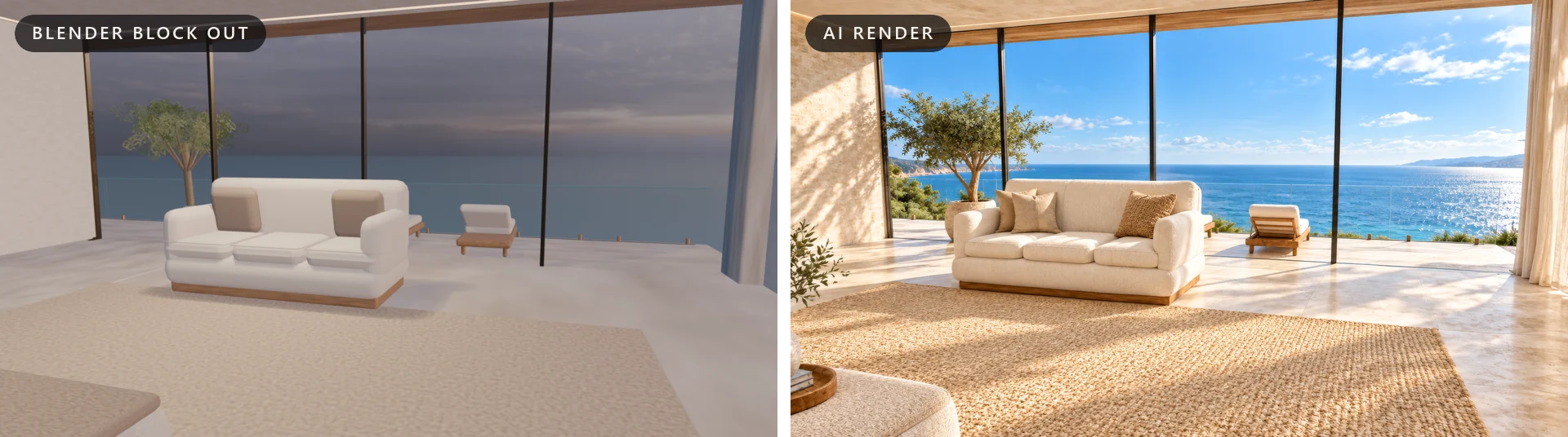 AI Architectural Rendering for Homes That Don't Exist Yet: See the $50M Estate We Built! 7 Before and after AI architectural rendering of a Coastal Residence bedroom suite facing the ocean