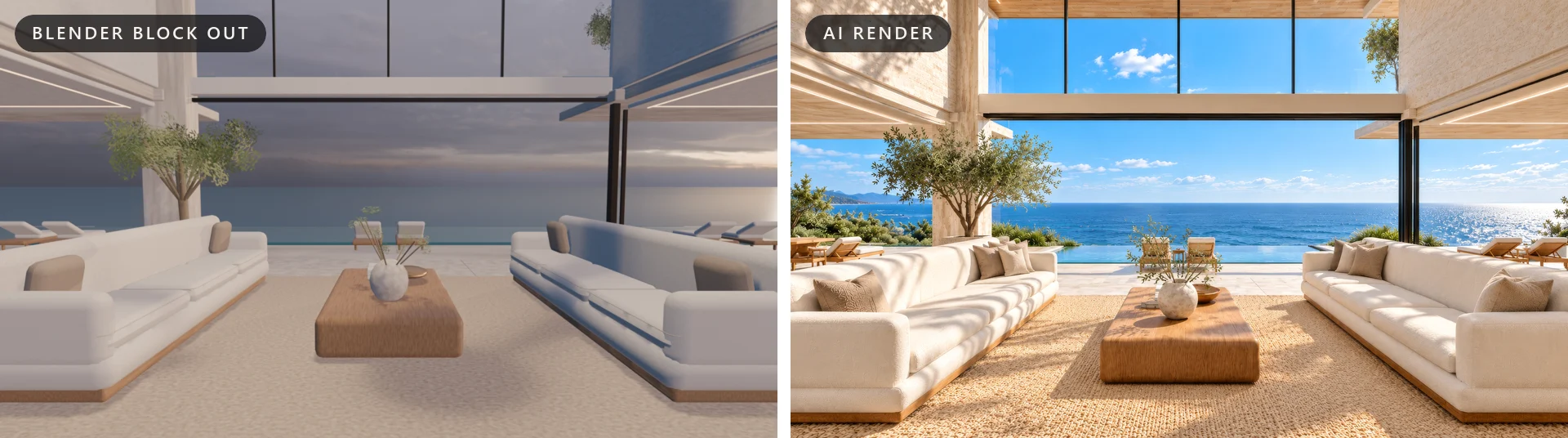 AI Architectural Rendering for Homes That Don't Exist Yet: See the $50M Estate We Built! 4 Before and after AI architectural rendering of the Coastal Residence great room: 3D block out on the left, photoreal AI render on the right