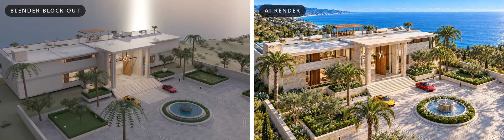 AI Architectural Rendering for Homes That Don't Exist Yet: See the $50M Estate We Built! 5 Before and after AI architectural rendering of the Coastal Residence gated motor court and fountain from above