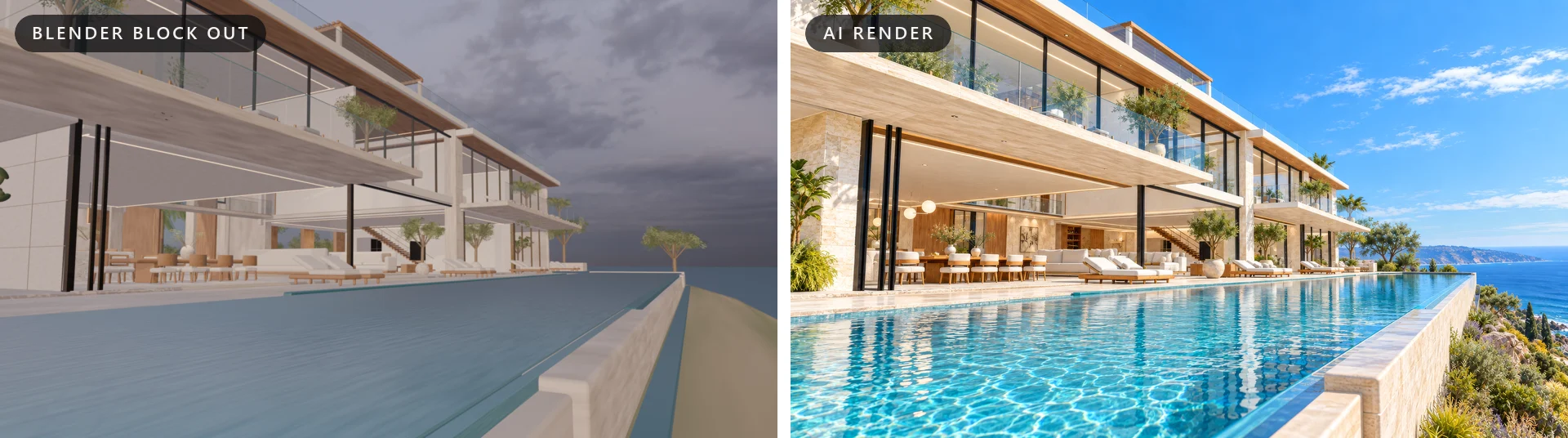 AI Architectural Rendering for Homes That Don't Exist Yet: See the $50M Estate We Built! 6 Before and after AI architectural rendering of the Coastal Residence 175 foot infinity pool at the waterline