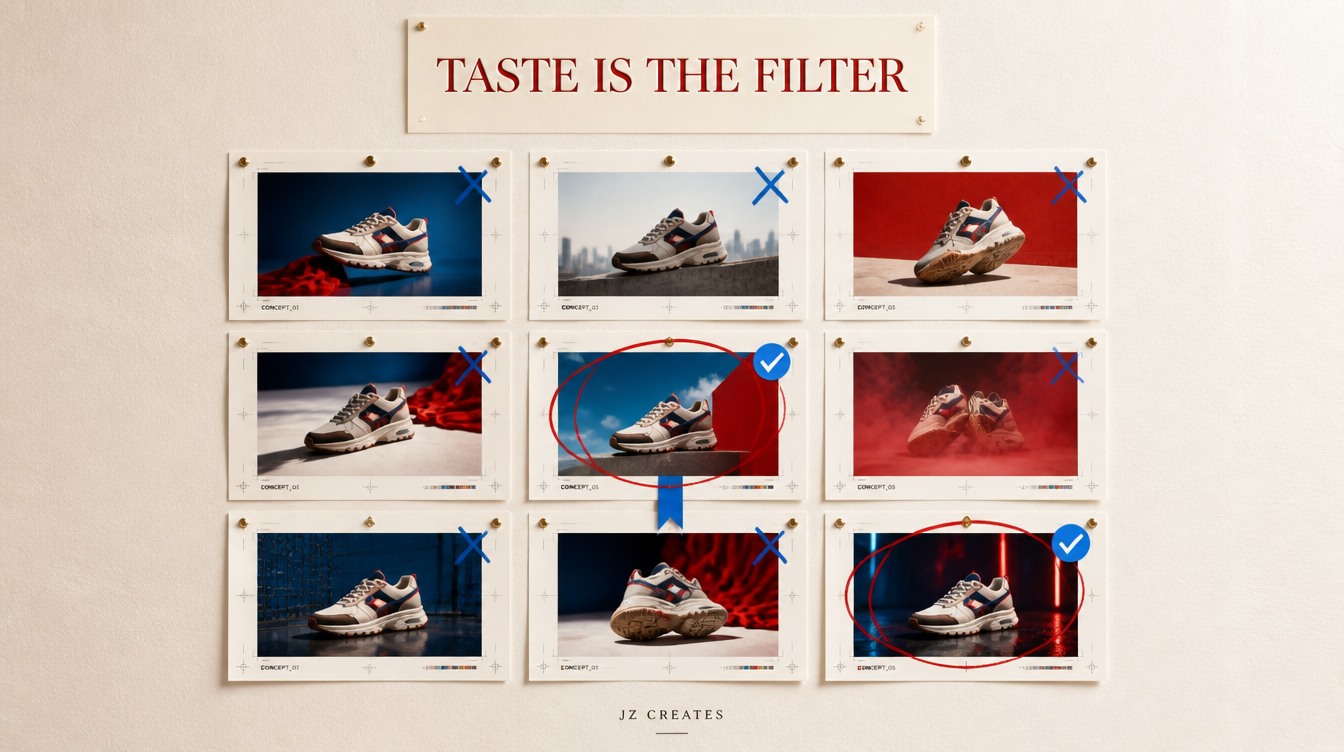 Generative AI Advertising: Where It Fits in Brand Campaigns 2 A pinboard of AI generated sneaker campaign concepts with one frame chosen, showing human taste as the filter in generative AI advertising