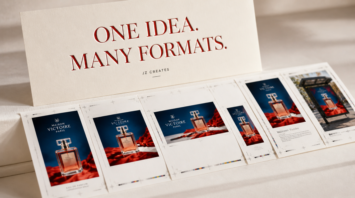 Generative AI Advertising: Where It Fits in Brand Campaigns 1 One perfume ad concept adapted into many formats as printed proofs, showing how generative AI advertising multiplies a single campaign idea