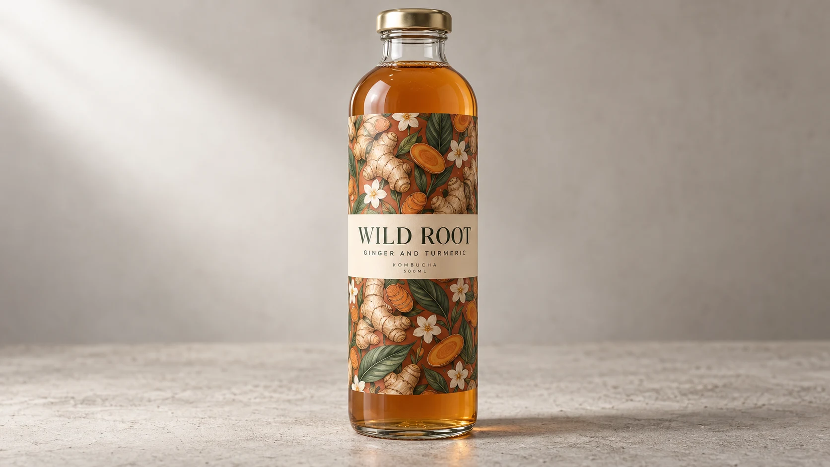 GPT Image 2.5 use cases: kombucha bottle with a wrapped botanical label
