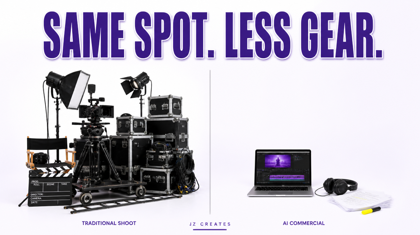 AI Commercials: How They're Made and What They Cost 1 AI commercial versus traditional shoot: a towering pile of film production gear beside a single laptop, headphones and script