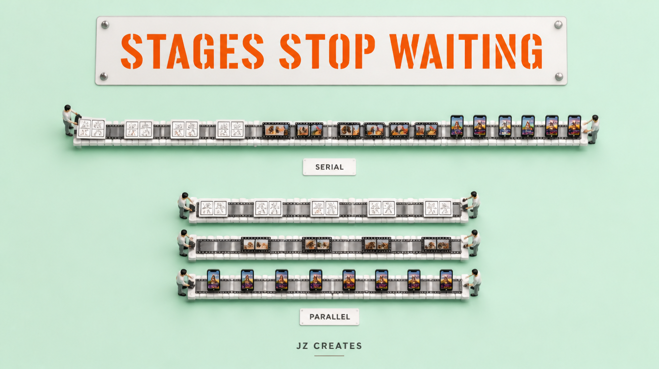 AI Content Creation Workflow: Our 7 Stages for Brands 2 Comparison of a serial content creation workflow on one track versus a parallel AI content workflow on three tracks
