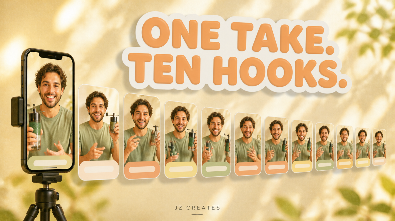 One real creator session multiplying into many AI UGC ad hook variations on a fan of phone screens