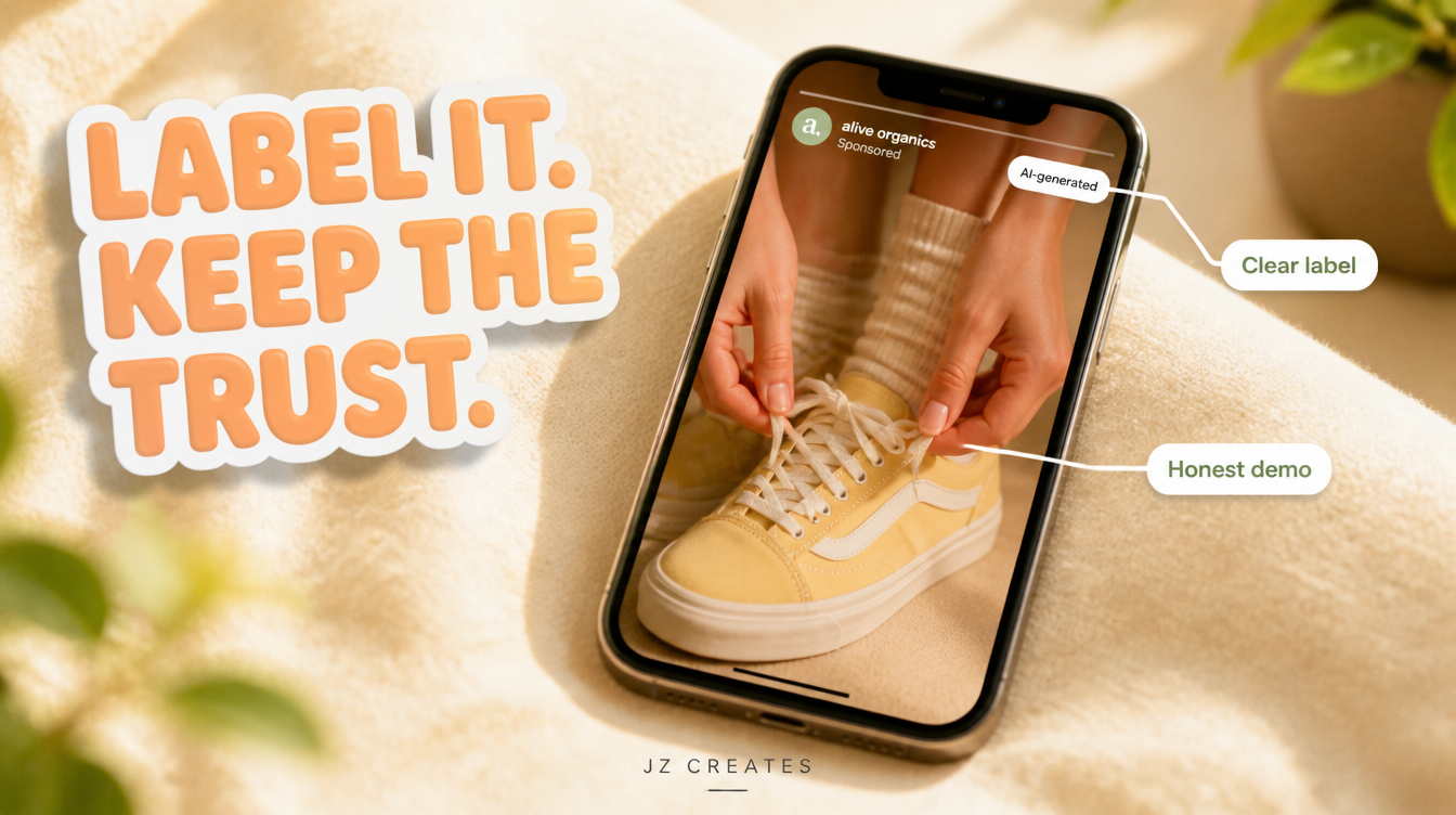 Close up of a phone showing an AI UGC ad with a visible AI generated label, illustrating disclosure for AI UGC ads