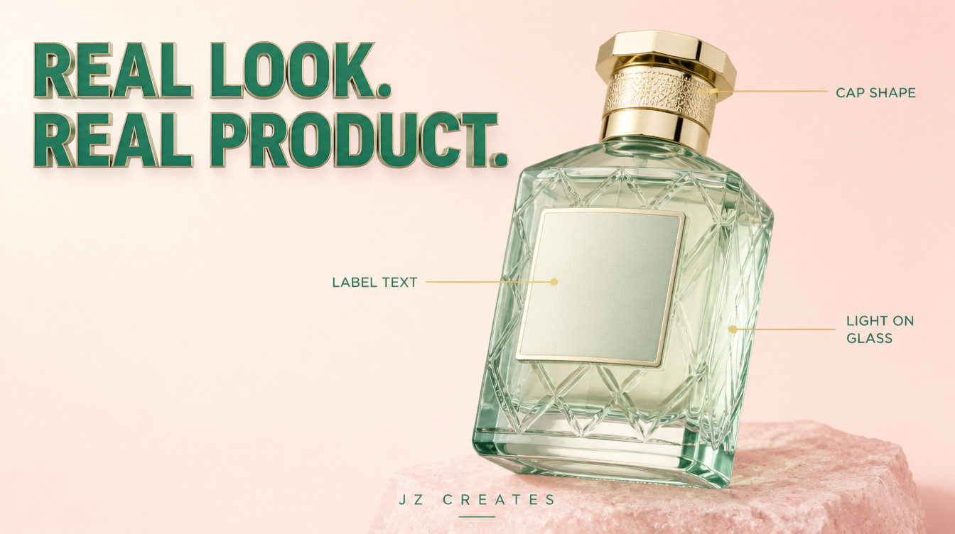 AI product photography check: a photoreal AI generated perfume bottle with callouts on label text, glass reflections and cap shape