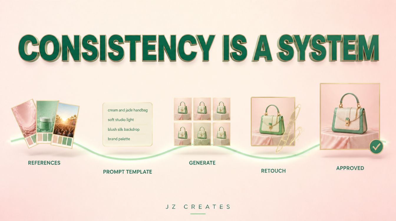 On brand AI image workflow: references, prompt template, generations, retouch and approved image along one curved path