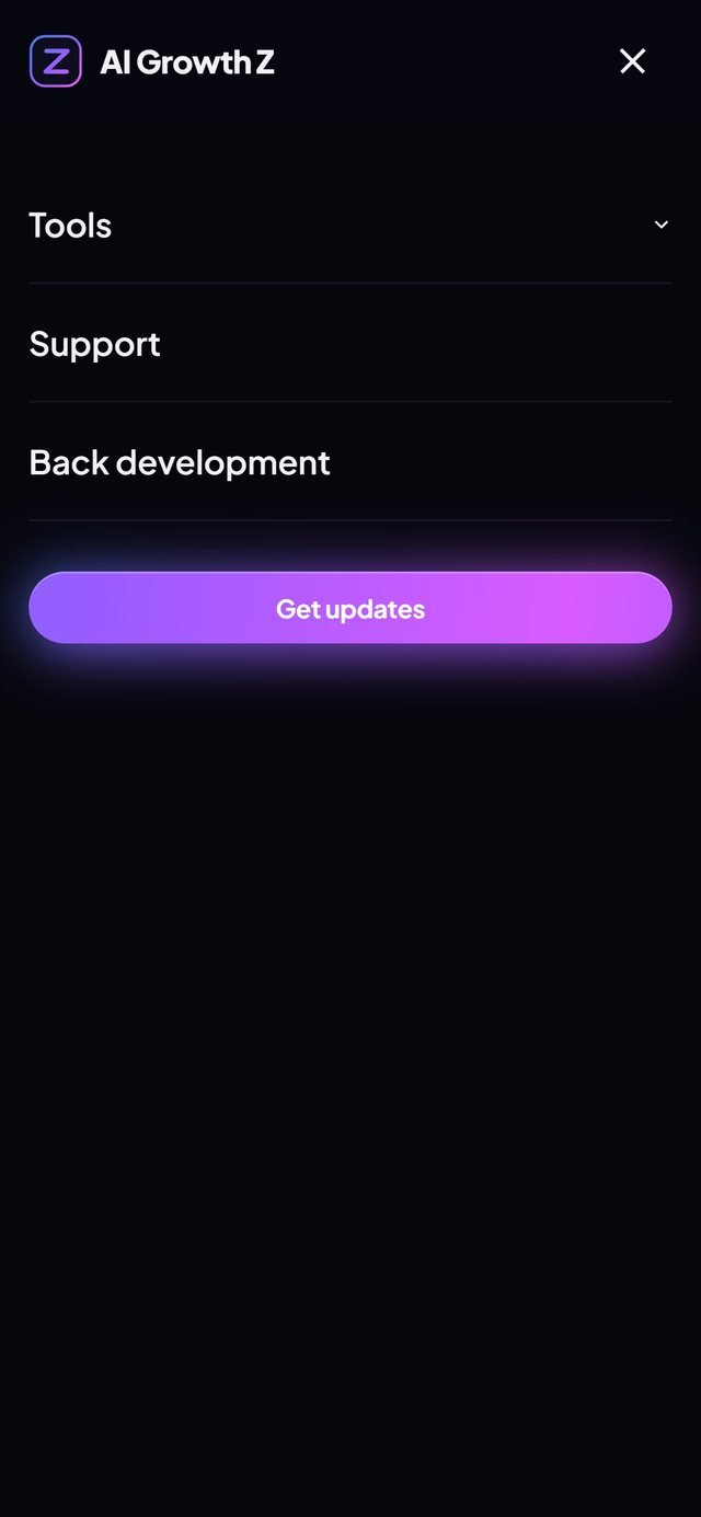 AI Growth Z full-screen mobile menu