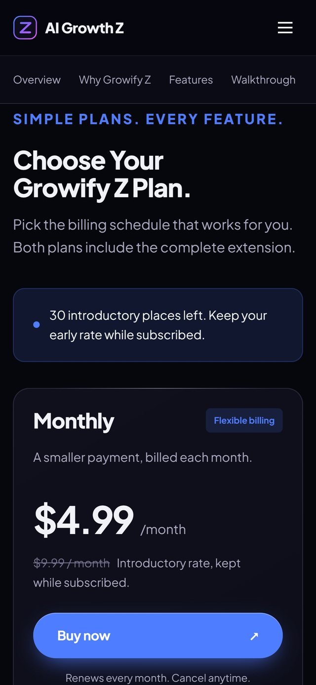 AI Growth Z pricing on a phone